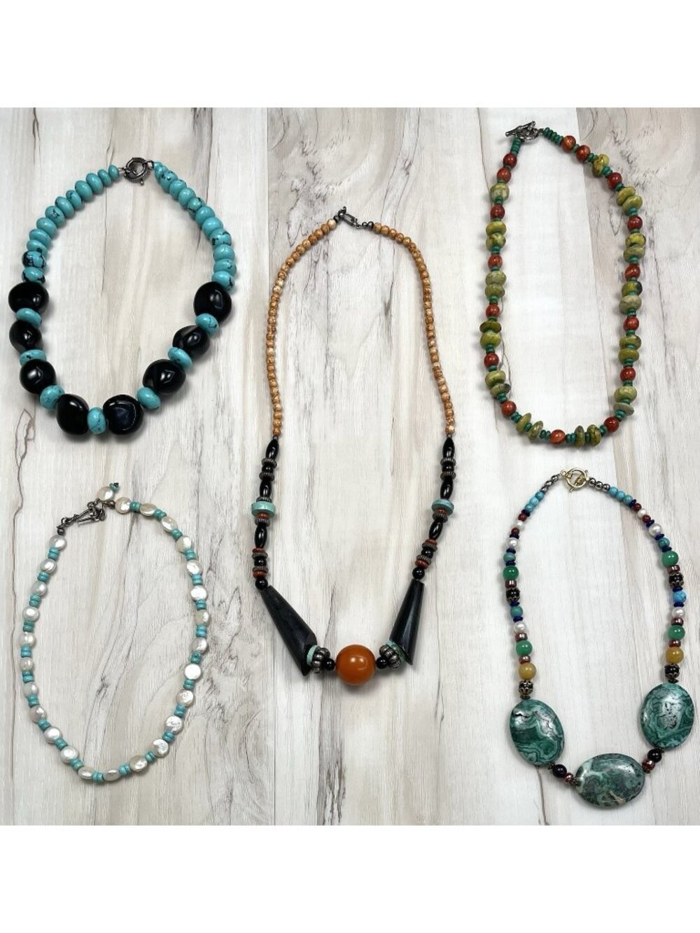Lot 5 Handmade Chunky Beaded NECKLACES Turquoise Southwestern Bohemian EUC